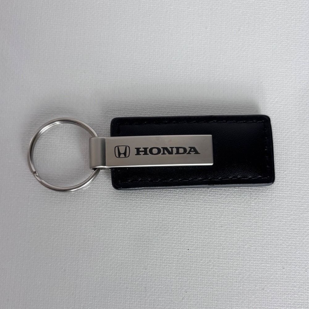 Honda Keychain Black Faux Leather Silver Tone Metal Logo Key Ring Accessory